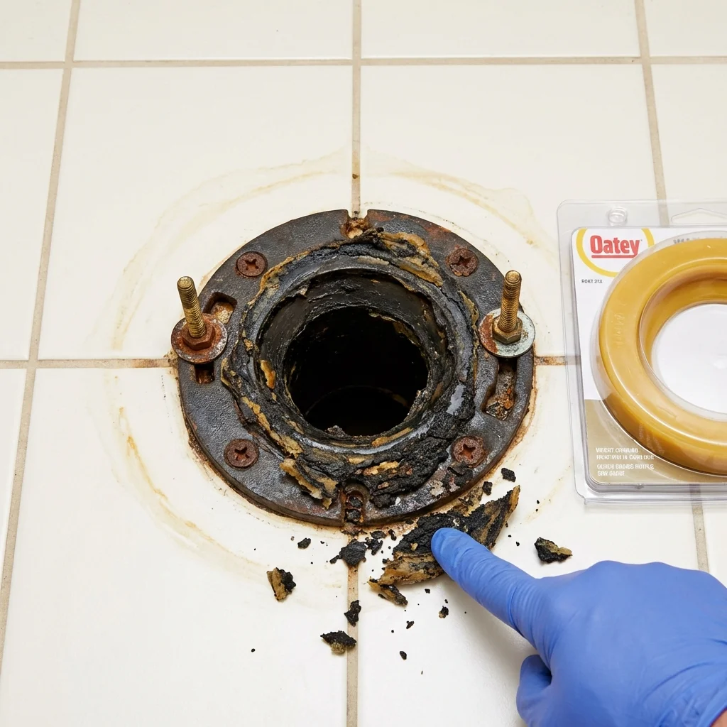 Failed wax ring showing water seepage at the base of a toilet in a Hilliard, FL home