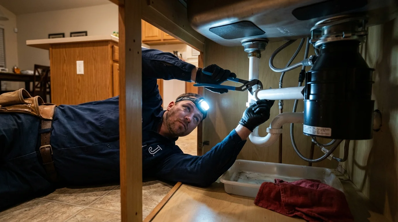 P-trap and supply line connections under a kitchen sink showing a common leak point in Hilliard, FL